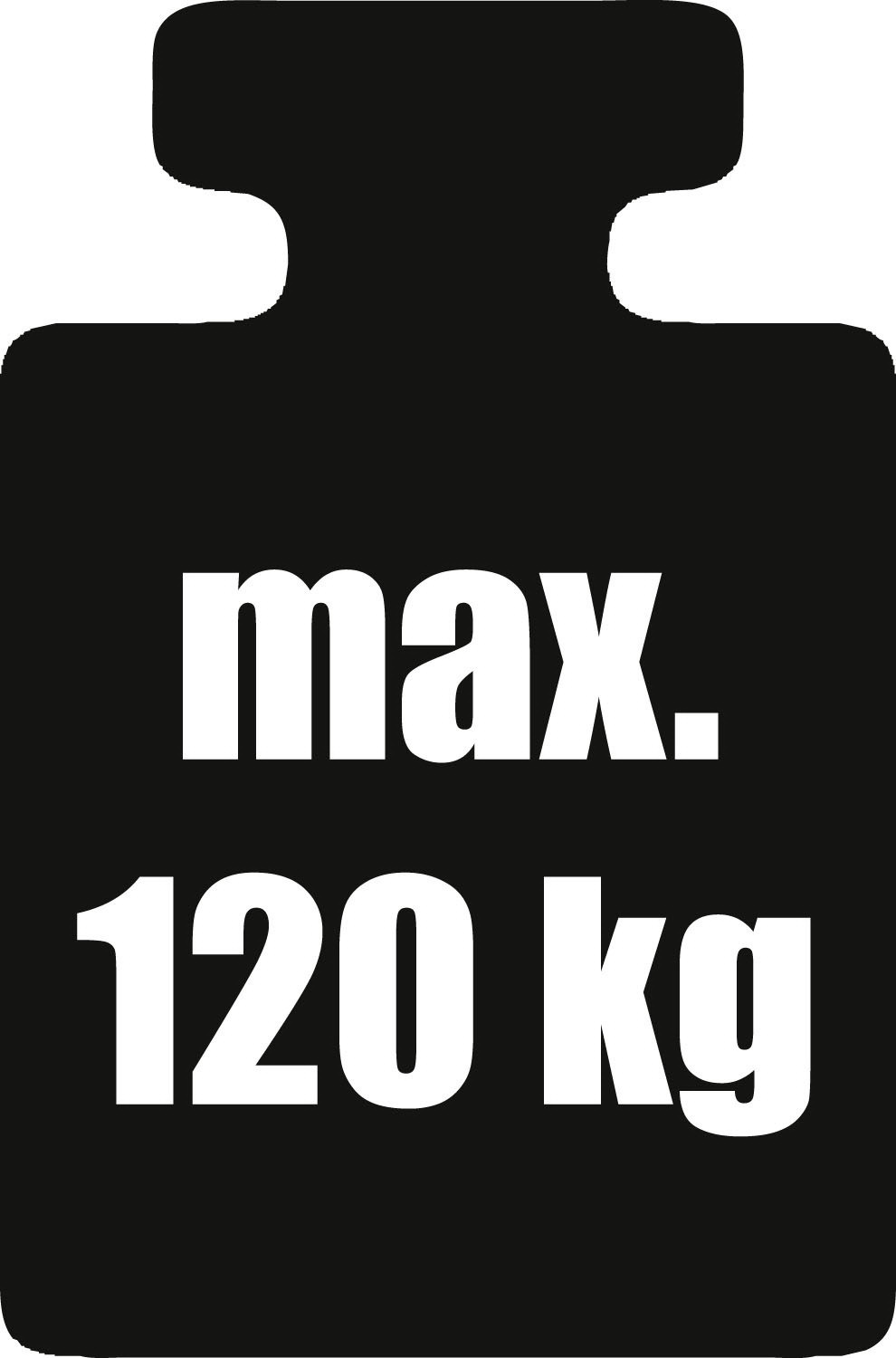 Symbol für maximale Belastung von 120 kg, schwarze Silhouette mit weißem Text, Vorderansicht