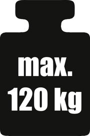 Symbol für maximale Belastung von 120 kg, schwarze Silhouette mit weißem Text, Vorderansicht