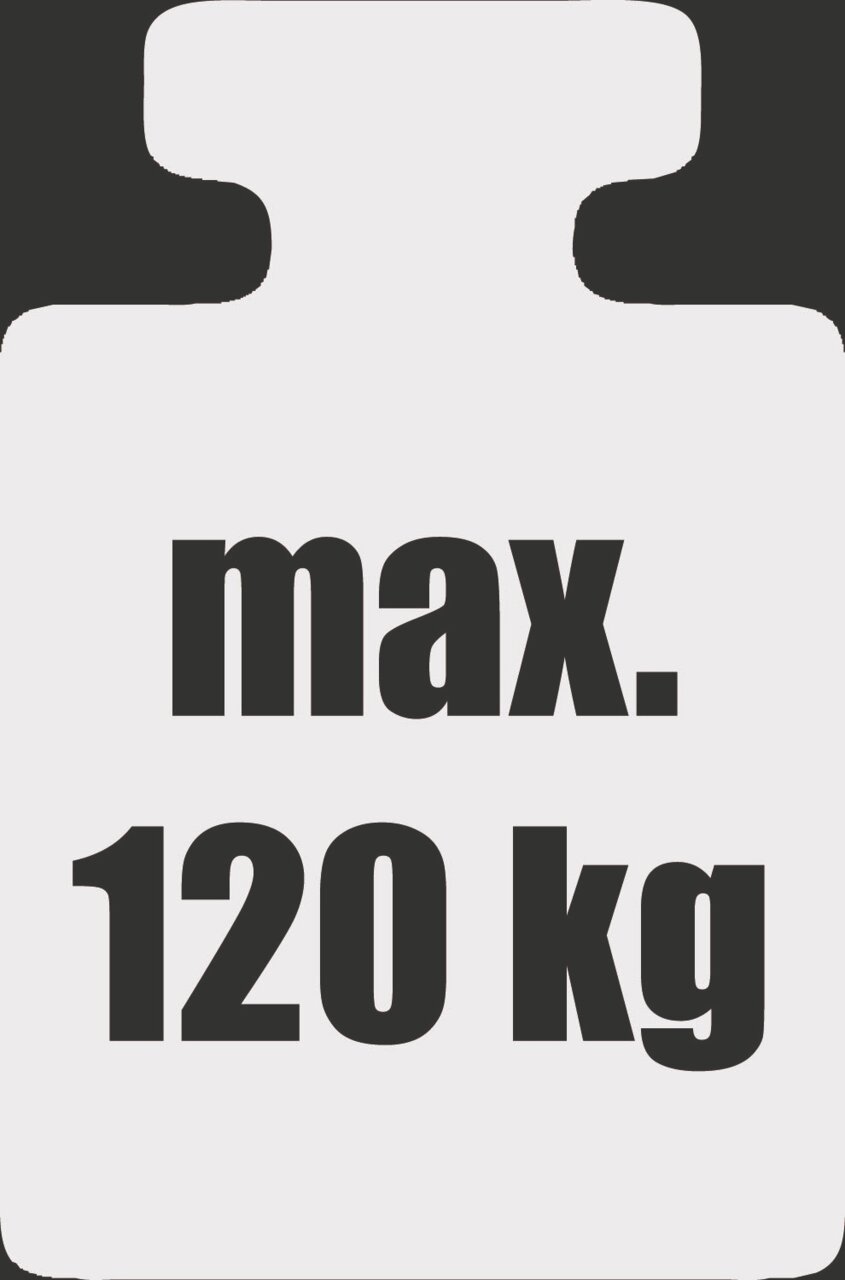 Symbol für maximale Belastung von 120 kg, schwarze Silhouette mit weißem Text, Vorderansicht