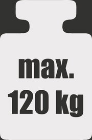 Symbol für maximale Belastung von 120 kg, schwarze Silhouette mit weißem Text, Vorderansicht