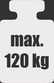 Symbol für maximale Belastung von 120 kg, schwarze Silhouette mit weißem Text, Vorderansicht