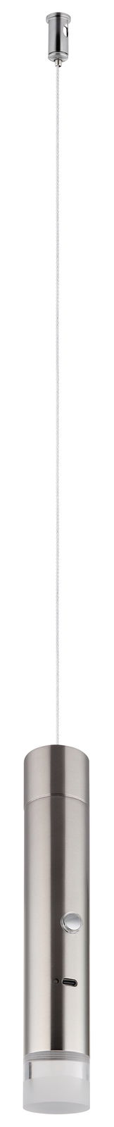 Moderne Akku-Pendelleuchte in zylindrischer Form aus Metall, von der Seite betrachtet.