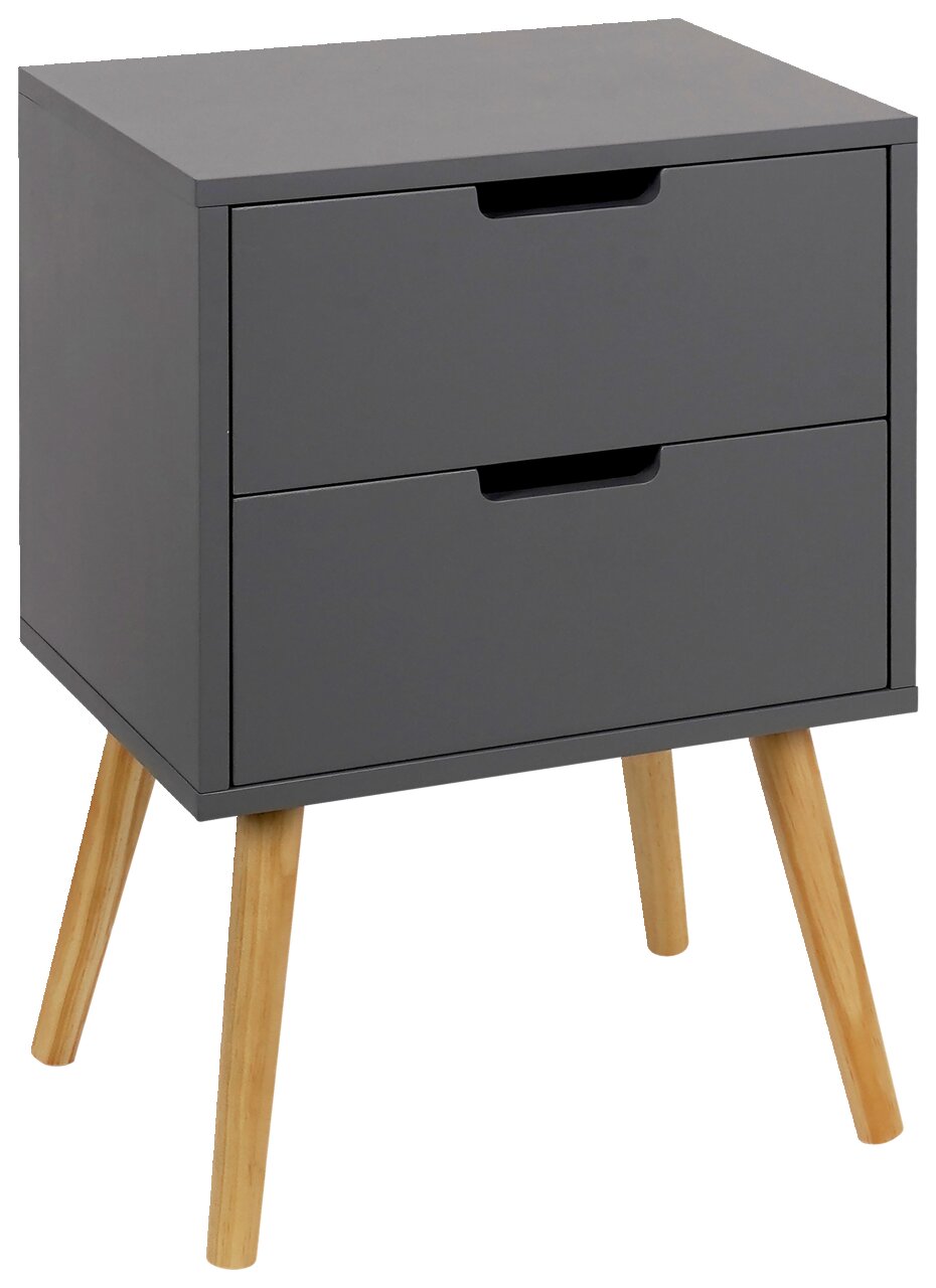 XORA Nachtkommode ROBBY Graue Nachtkommode mit zwei Schubladen und Holzbeinen, seitliche Perspektive