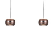 Zwei moderne LED-Hängeleuchten in brauner Metalloptik, von vorne betrachtet, mit schlanken Kabeln und einem eleganten Design.