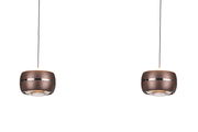 Zwei moderne LED-Hängeleuchten in brauner Metalloptik, von vorne betrachtet, mit schlanken Kabeln und einem eleganten Design.