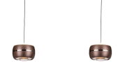 Twee moderne LED-hanglampen in bruine metaallook, gezien vanaf de voorkant, met slanke kabels en een elegant ontwerp.