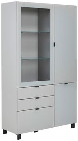 Moderne Vitrine mit Glasfront und Schubladen, seitliche Perspektive