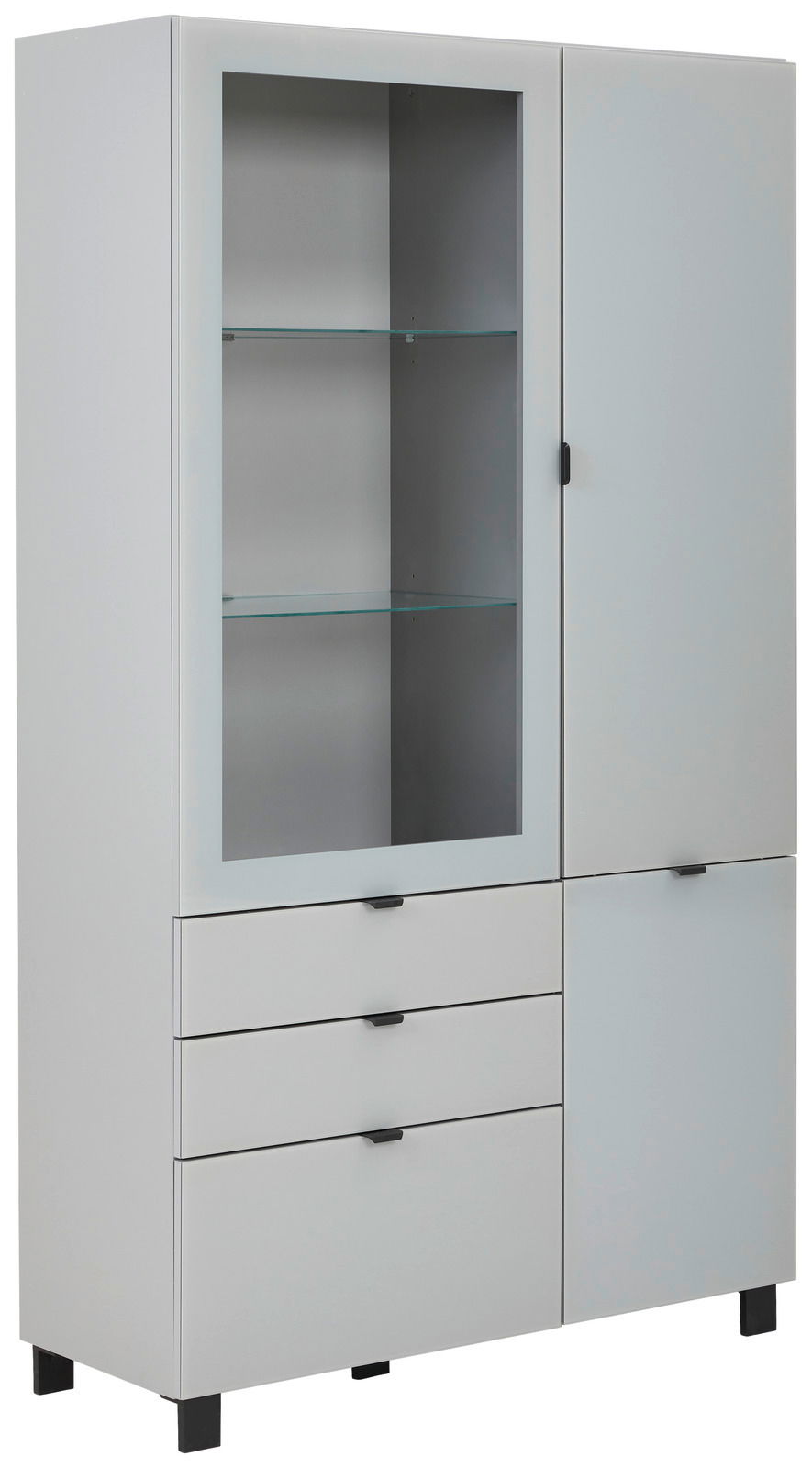 Hom´in Vitrine POOLE Moderne Vitrine mit Glasfront und Schubladen, seitliche Perspektive