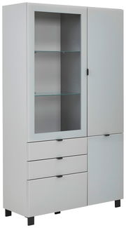 Moderne Vitrine mit Glasfront und Schubladen, seitliche Perspektive