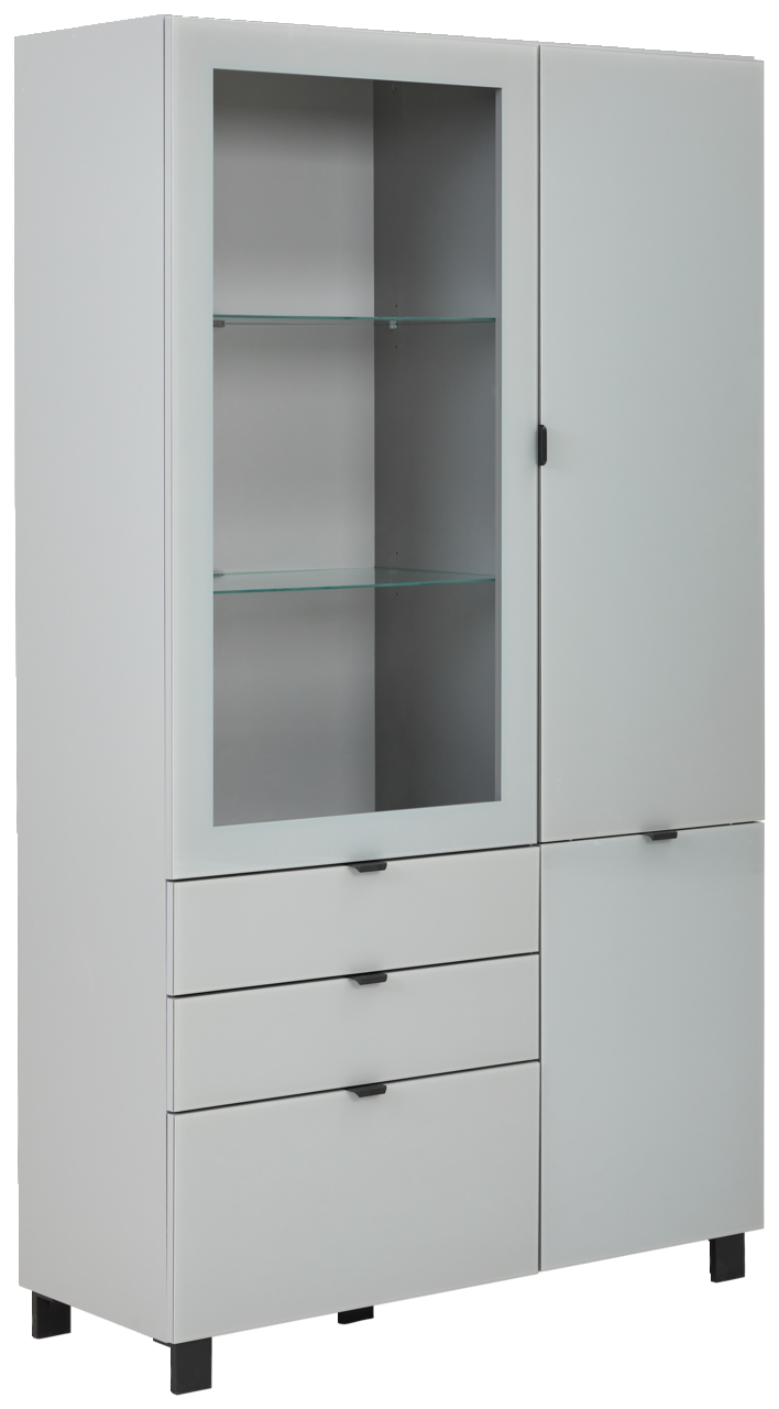 Hom´in Vitrine POOLE Moderne Vitrine mit Glasfront und Schubladen, seitliche Perspektive