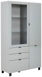 Moderne Vitrine mit Glasfront und Schubladen, seitliche Perspektive