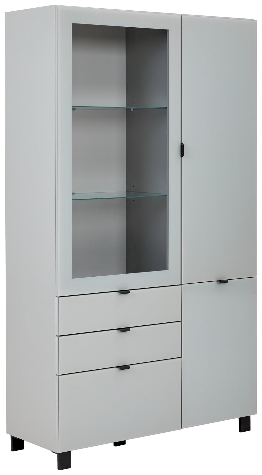 Moderne Vitrine mit Glasfront und Schubladen, seitliche Perspektive