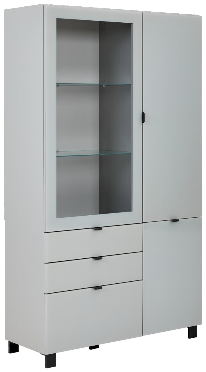 Hom´in Vitrine POOLE Moderne Vitrine mit Glasfront und Schubladen, seitliche Perspektive