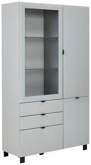 Moderne Vitrine mit Glasfront und Schubladen, seitliche Perspektive