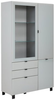 Moderne Vitrine mit Glasfront und Schubladen, seitliche Perspektive