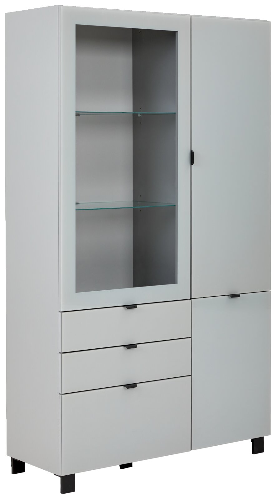 Moderne Vitrine mit Glasfront und Schubladen, seitliche Perspektive