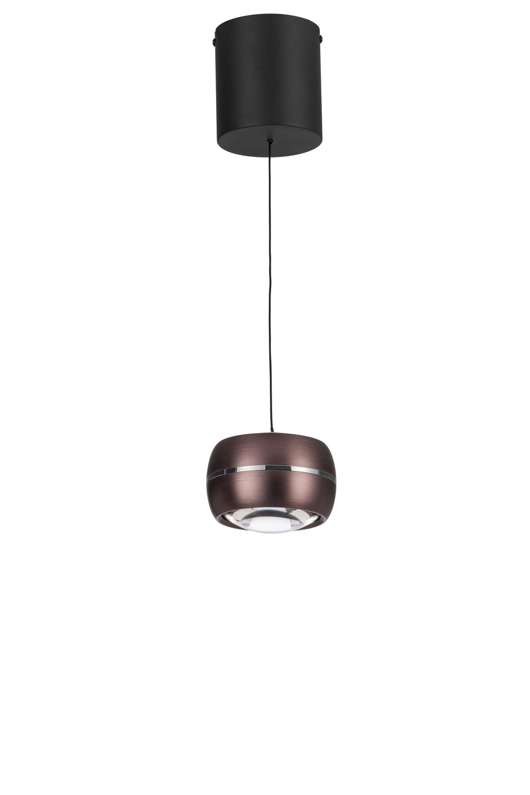 Moderne LED-Hängeleuchte in dunklem Metallfinish, von unten betrachtet.