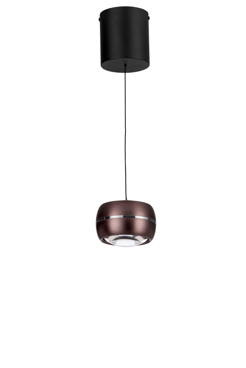 Moderne LED-Hängeleuchte in dunklem Metallfinish, von unten betrachtet.