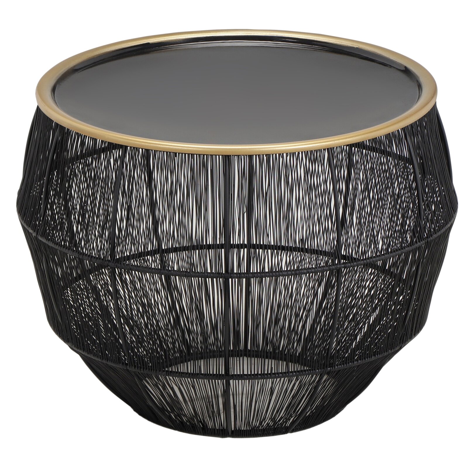 Moderner Beistelltisch mit schwarzem Drahtgestell und runder Glasplatte, seitliche Perspektive