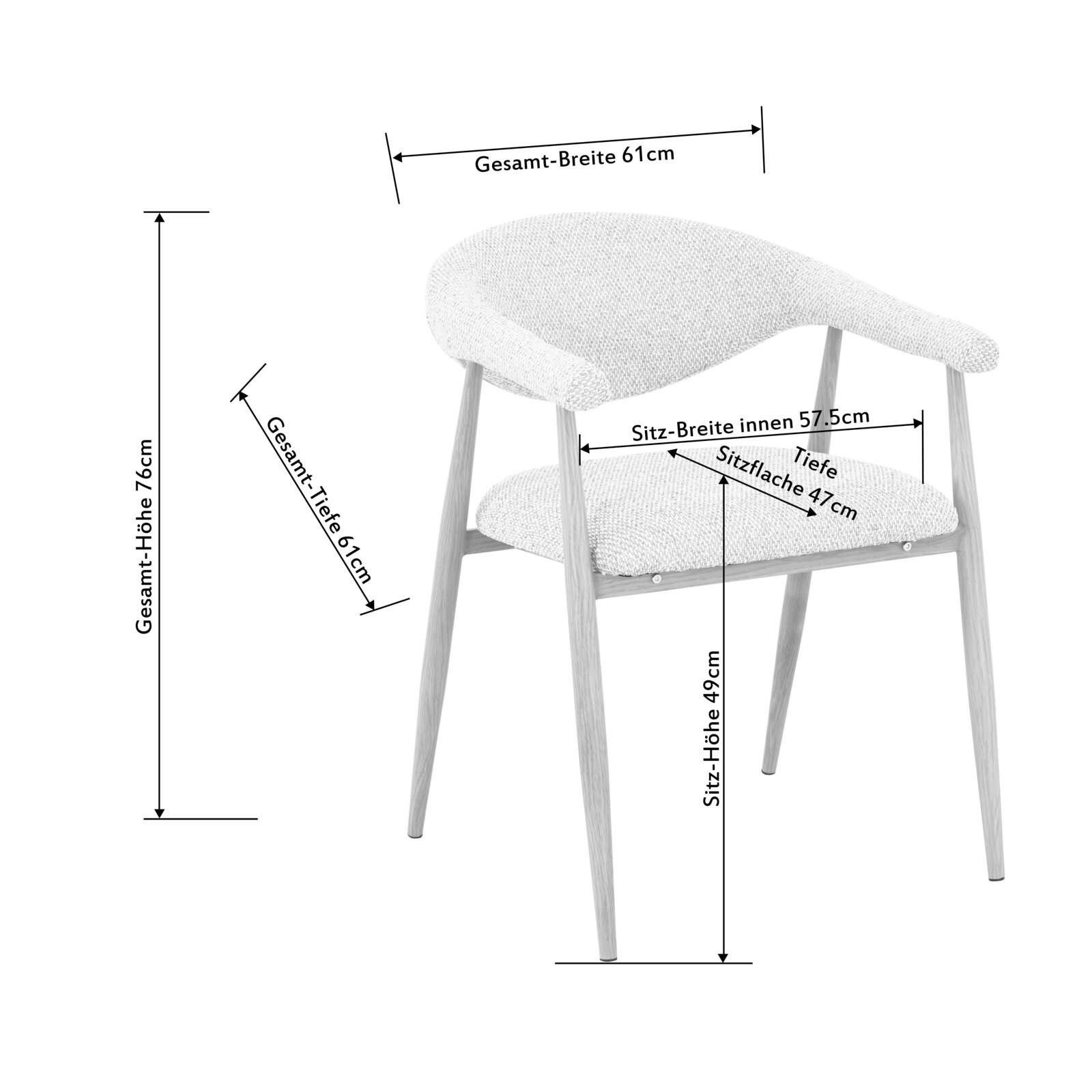 Polsterstuhl mit geschwungener Rückenlehne und Armauflagen, hellgrauer Stoffbezug und helle Holzbeine, Maßgrafik mit Gesamtbreite 61 cm, Gesamttiefe 61 cm, Gesamthöhe 76 cm und Sitzhöhe 49 cm; Ansicht schräg von vorne rechts.