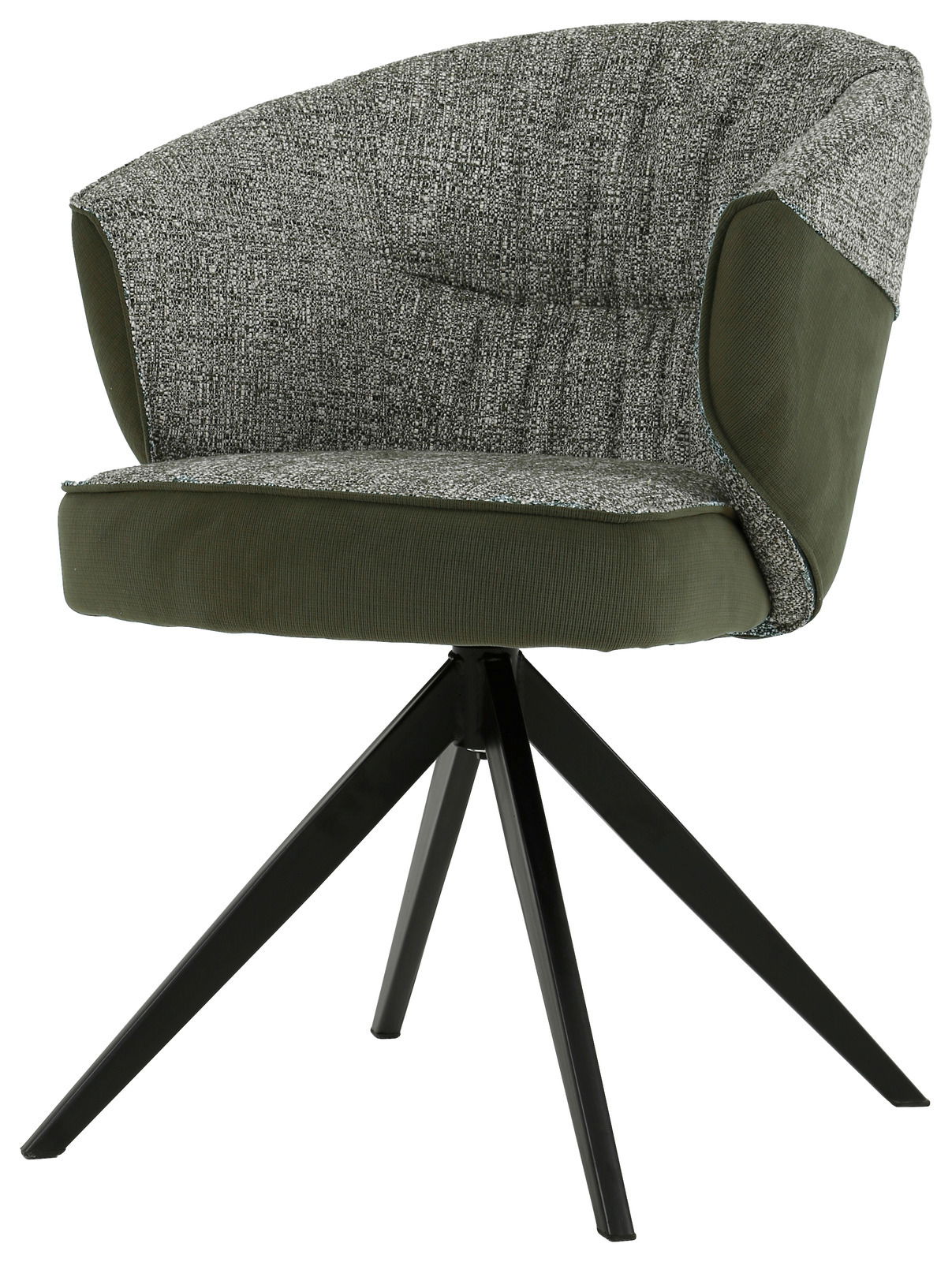 Moderner Armlehnstuhl mit grünem Stoffbezug und schwarzem Metallgestell, seitliche Perspektive