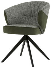 Moderner Armlehnstuhl mit grünem Stoffbezug und schwarzem Metallgestell, seitliche Perspektive