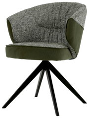 Moderne fauteuil met groene stoffen bekleding en een zwart metalen frame, zijaanzicht
