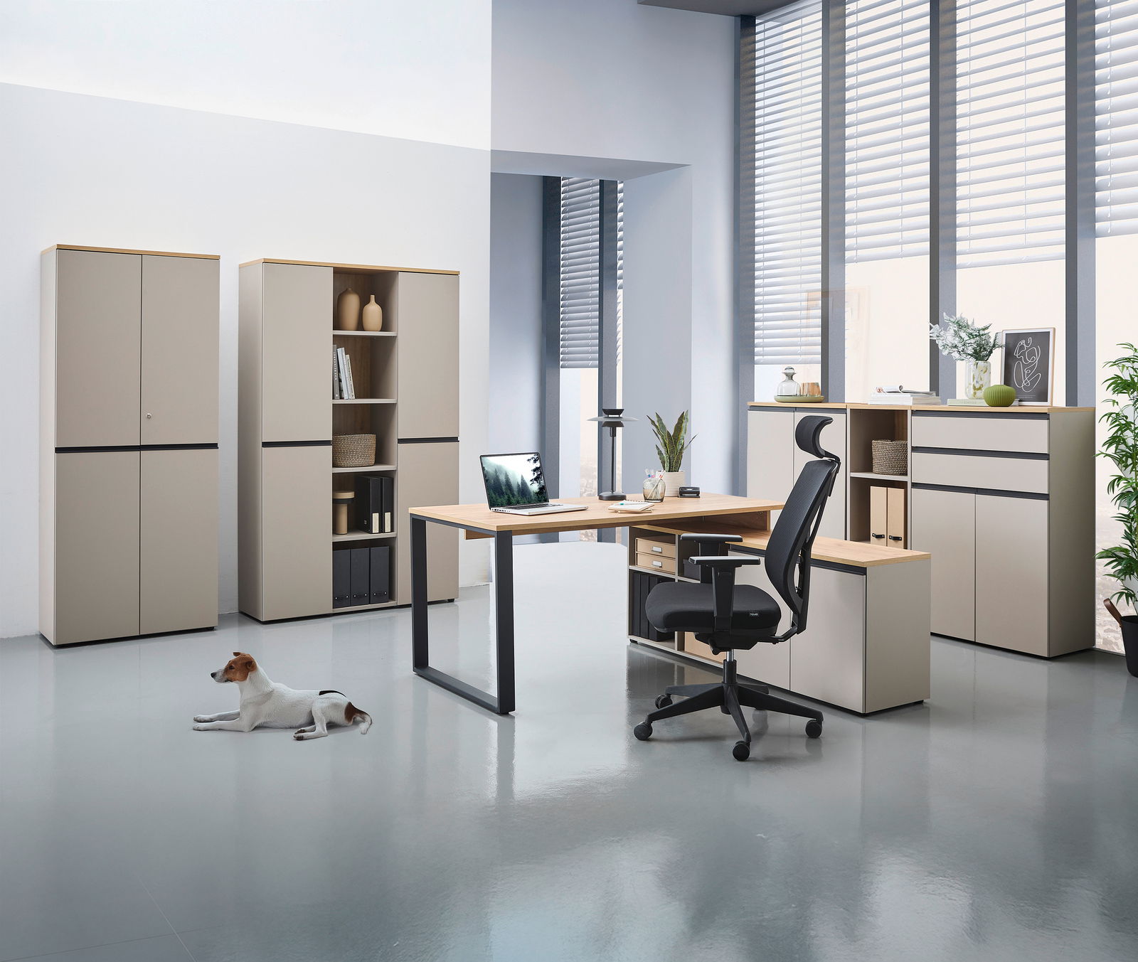 Moderne Büromöbel in einem hellen Raum mit Winkelschreibtisch, Rollcontainer, Aktenschränken und einem ergonomischen Bürostuhl. Perspektive von vorne.