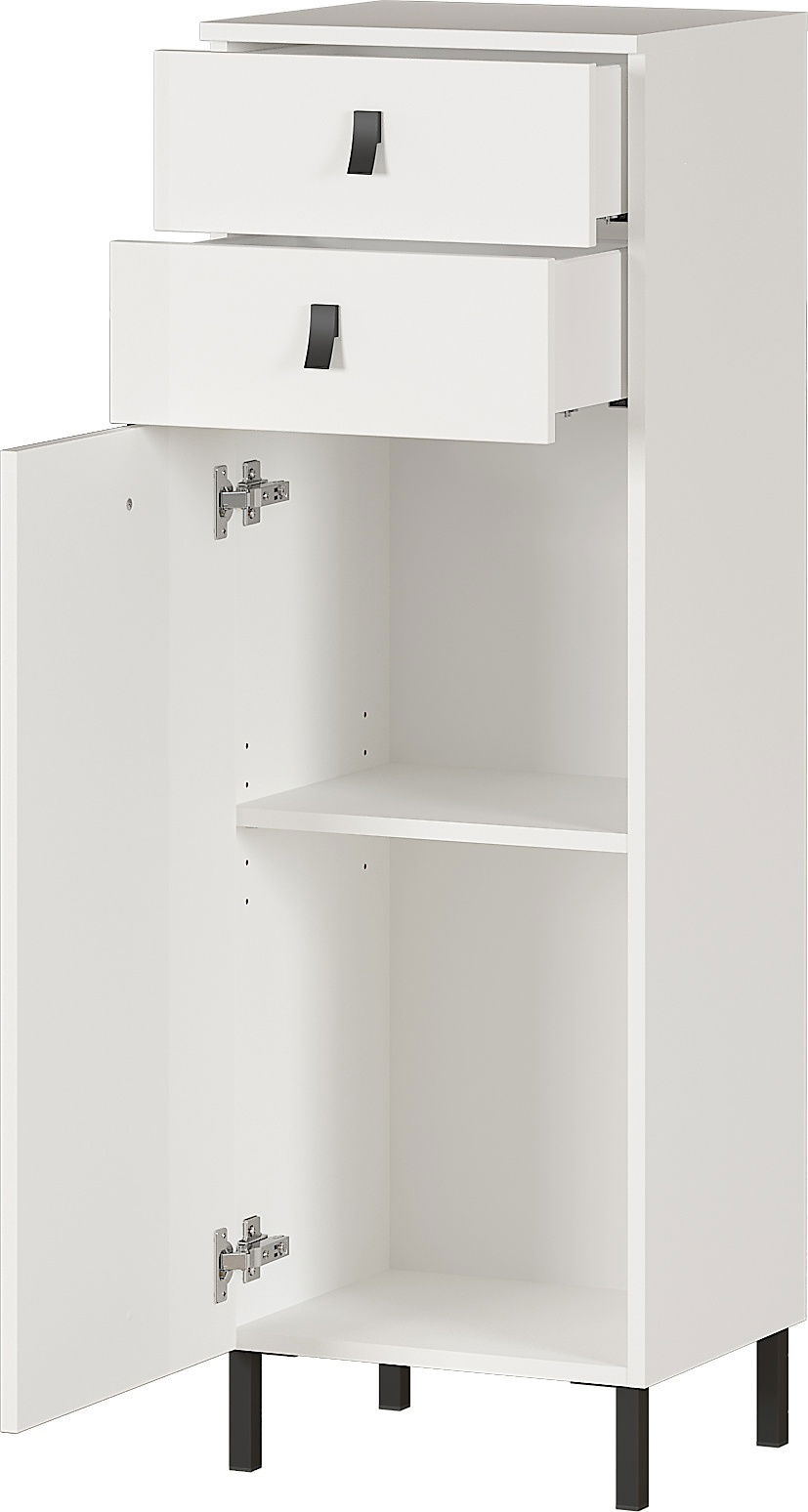 Weißer Mediumschrank mit zwei offenen Schubladen und einer geöffneten Tür, seitliche Perspektive