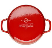 Roter Guss-Bräter, rund, 24 cm, von oben gesehen mit zwei Griffen und KüCHENPROFI-Logo.