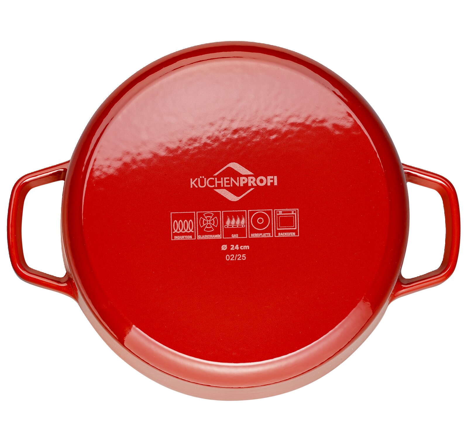Rode gietijzeren braadpan, rond, 24 cm, gezien van bovenaf met twee handvatten en het KüCHENPROFI-logo.