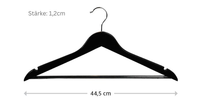 Zwarte kledinghanger met metalen haak en broeklat, breedte 44,5 cm en dikte 1,2 cm, frontale aanzicht op witte achtergrond