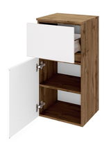 Unterschrank aus Holz mit einer offenen Schublade und einer geöffneten Tür, Perspektive von vorne rechts