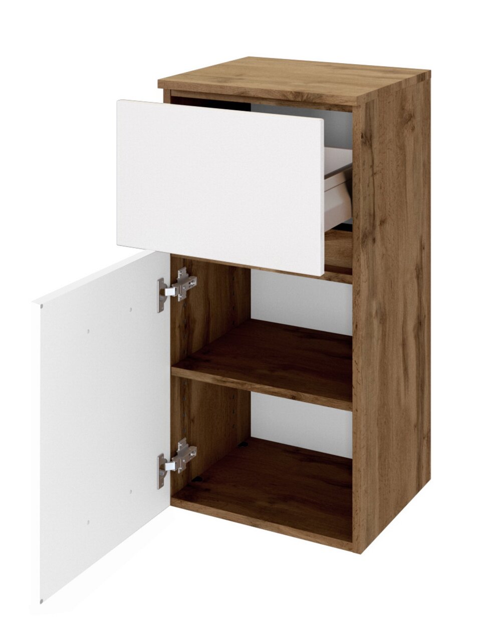 Unterschrank aus Holz mit einer offenen Schublade und einer geöffneten Tür, Perspektive von vorne rechts