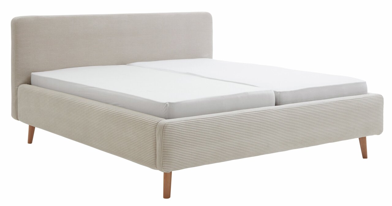 Polsterbettgestell in Beige mit gestreiftem Stoffbezug, seitliche Perspektive