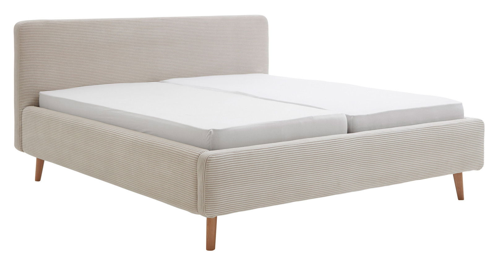 Polsterbettgestell in Beige mit gestreiftem Stoffbezug, seitliche Perspektive