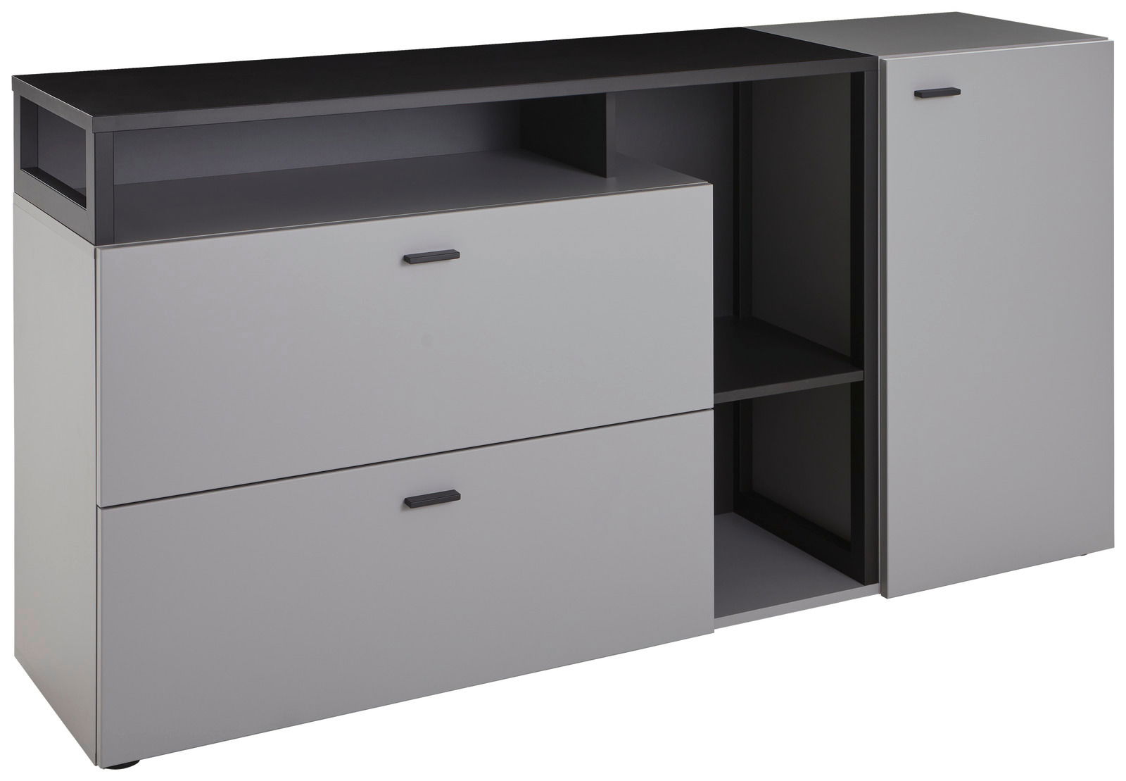 Modernes Sideboard in Grau mit zwei Schubladen, einem offenen Fach und einer Tür, seitliche Perspektive