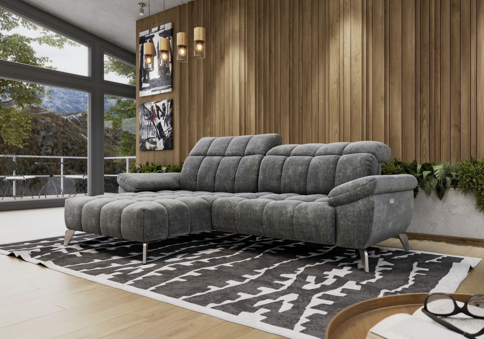 Graue Longchairkombination in modernem Wohnzimmer mit Holzvertäfelung und großen Fenstern, Perspektive von vorne links.