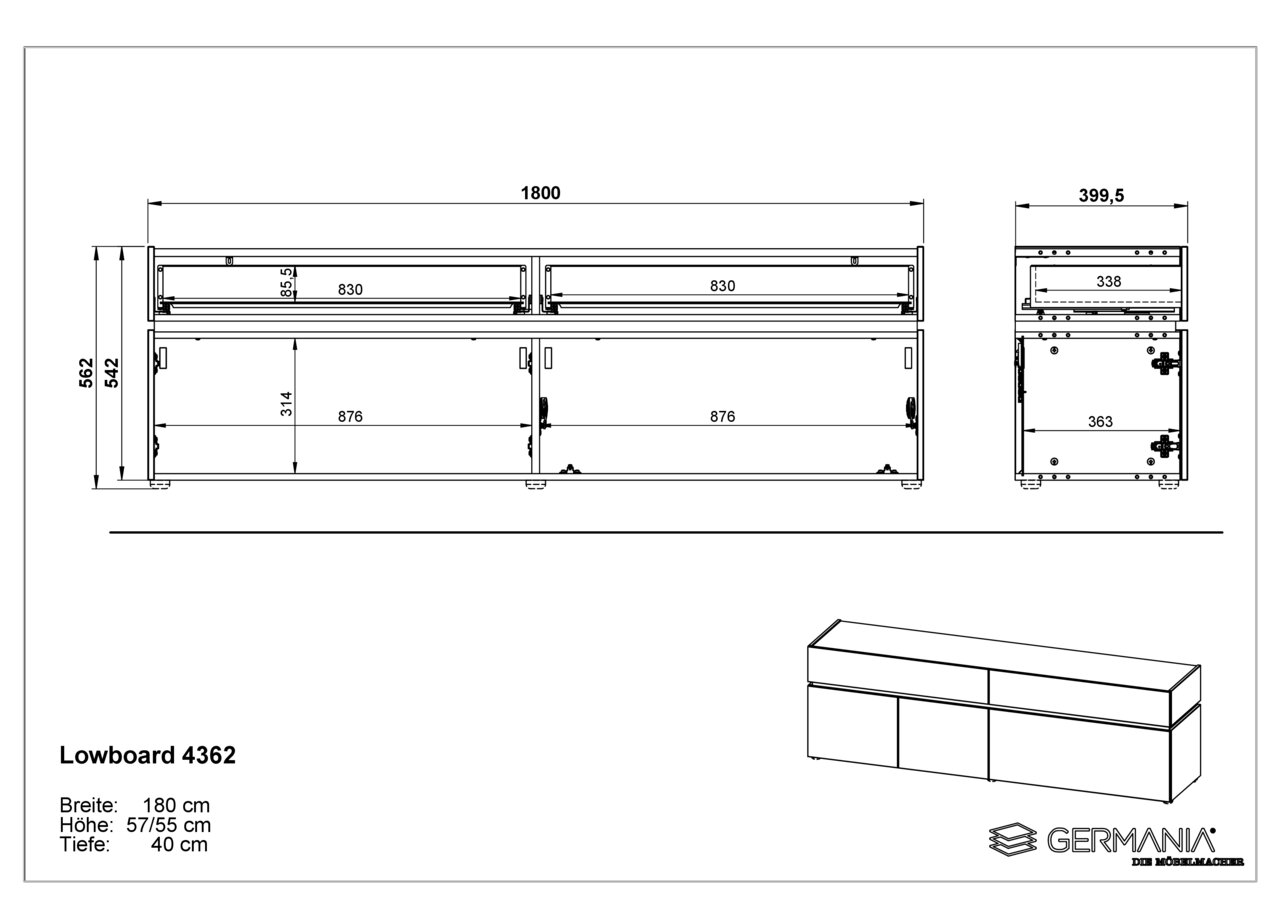 Technische Zeichnung eines TV-Lowboards mit den Maßen: Breite 180 cm, Höhe 57/55 cm, Tiefe 40 cm. Front- und Seitenansicht des Möbelstücks.