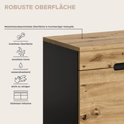 Detailansicht aus schräger Frontperspektive: Holzoptik-Möbel mit melaminharzbeschichteter, robuster Oberfläche und schwarzer Seitenfläche; Hinweise auf kratzfest, stoßfeste Kante, wasserabweisend und leicht zu reinigen.