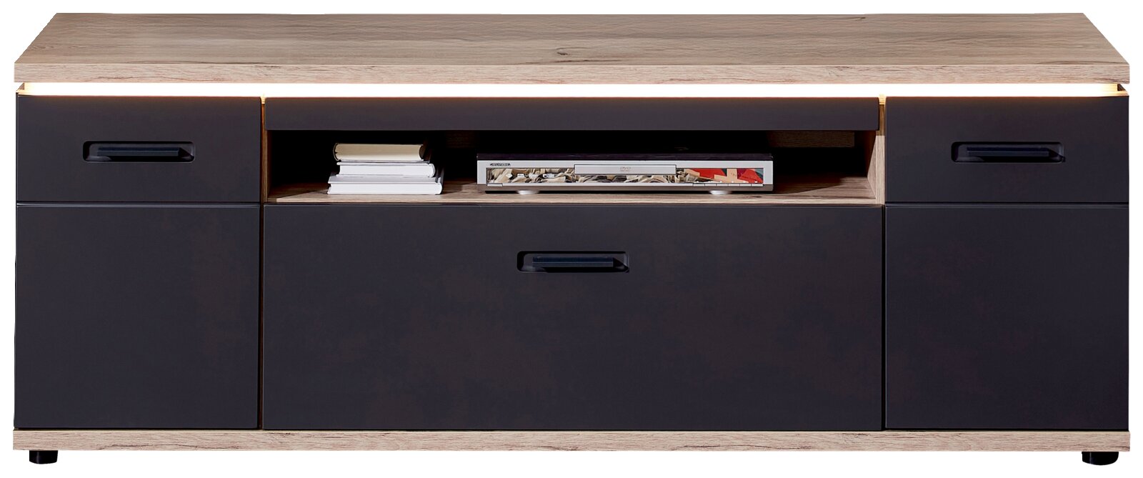 Stylife Lowboard SINA Modernes Sideboard/TV-Lowboard mit heller Holzoptik und mattschwarzen Fronten, mittigem offenen Fach und drei Schubladen, frontal aus leicht erhöhter Perspektive dargestellt.