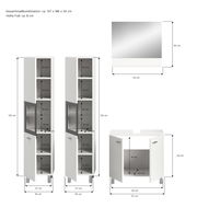 Badkombination bestehend aus zwei hohen Schränken und einem Waschbeckenunterschrank, mit einem Spiegel, aus der Vorderansicht.