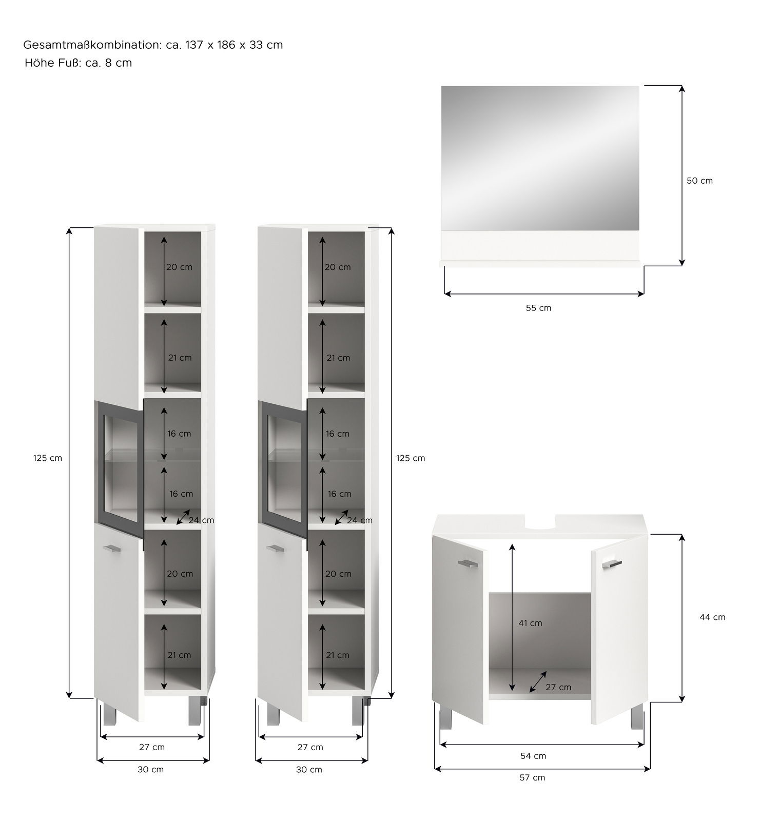 Badkombination bestehend aus zwei hohen Schränken und einem Waschbeckenunterschrank, mit einem Spiegel, aus der Vorderansicht.
