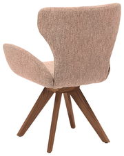 Rückansicht eines Armlehnstuhls mit braunem Stoffbezug und Holzbeinen