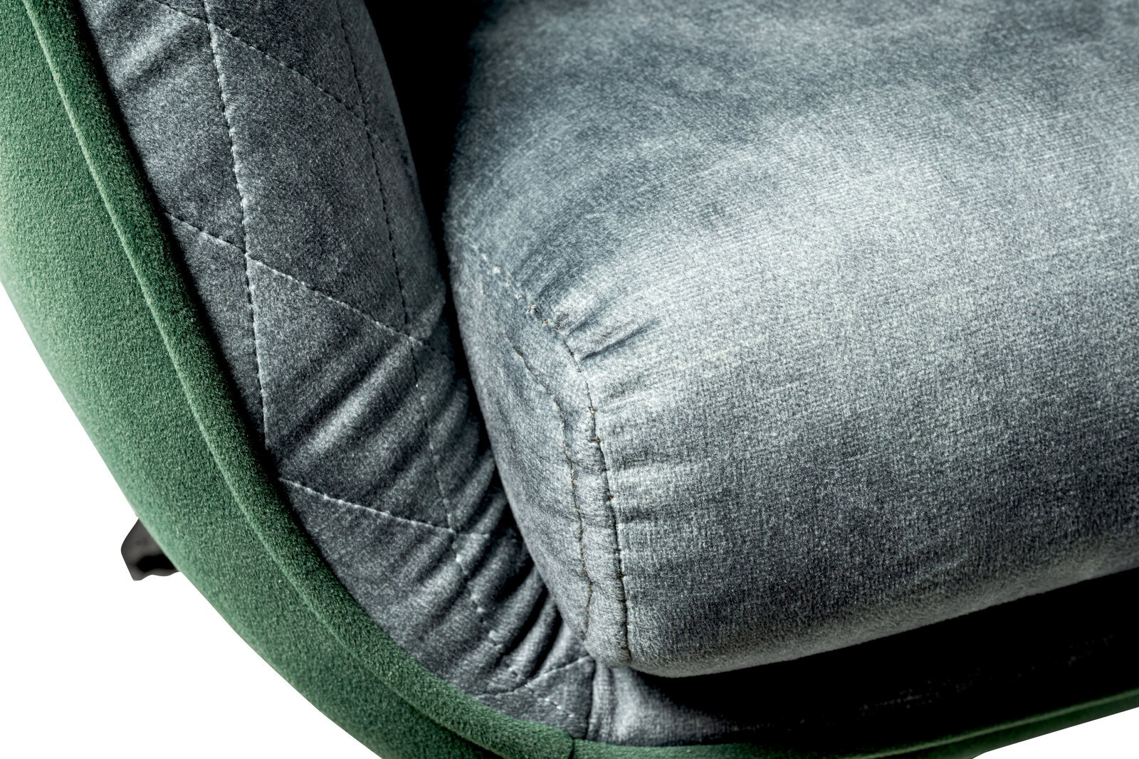 Nahaufnahme eines Drehstuhls mit grauem Stoffbezug und grünen Akzenten, seitliche Perspektive.