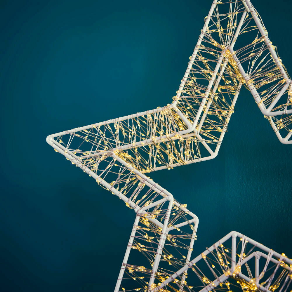 Nahaufnahme eines LED-Sterns mit 1440 LEDs, die auf einem weißen Rahmen in Sternform angeordnet sind, vor einem blauen Hintergrund.