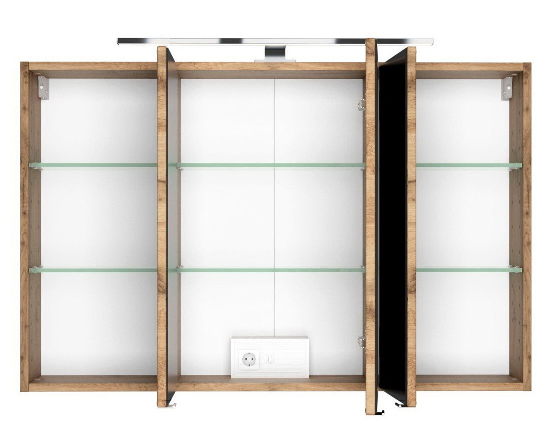 Spiegelschrank mit Holzrahmen und Glaseinlegeböden, Frontansicht