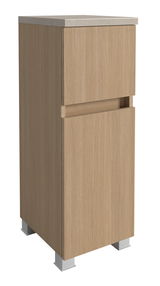 Moderner Unterschrank aus Holz mit geriffelter Oberfläche, Ansicht von vorne links.