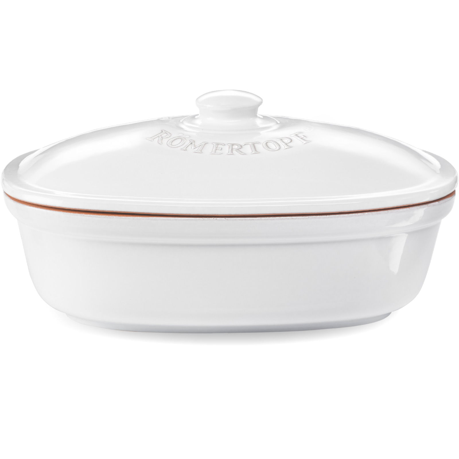 Weißer ovaler Brot Frischetopf mit Deckel, seitliche Perspektive