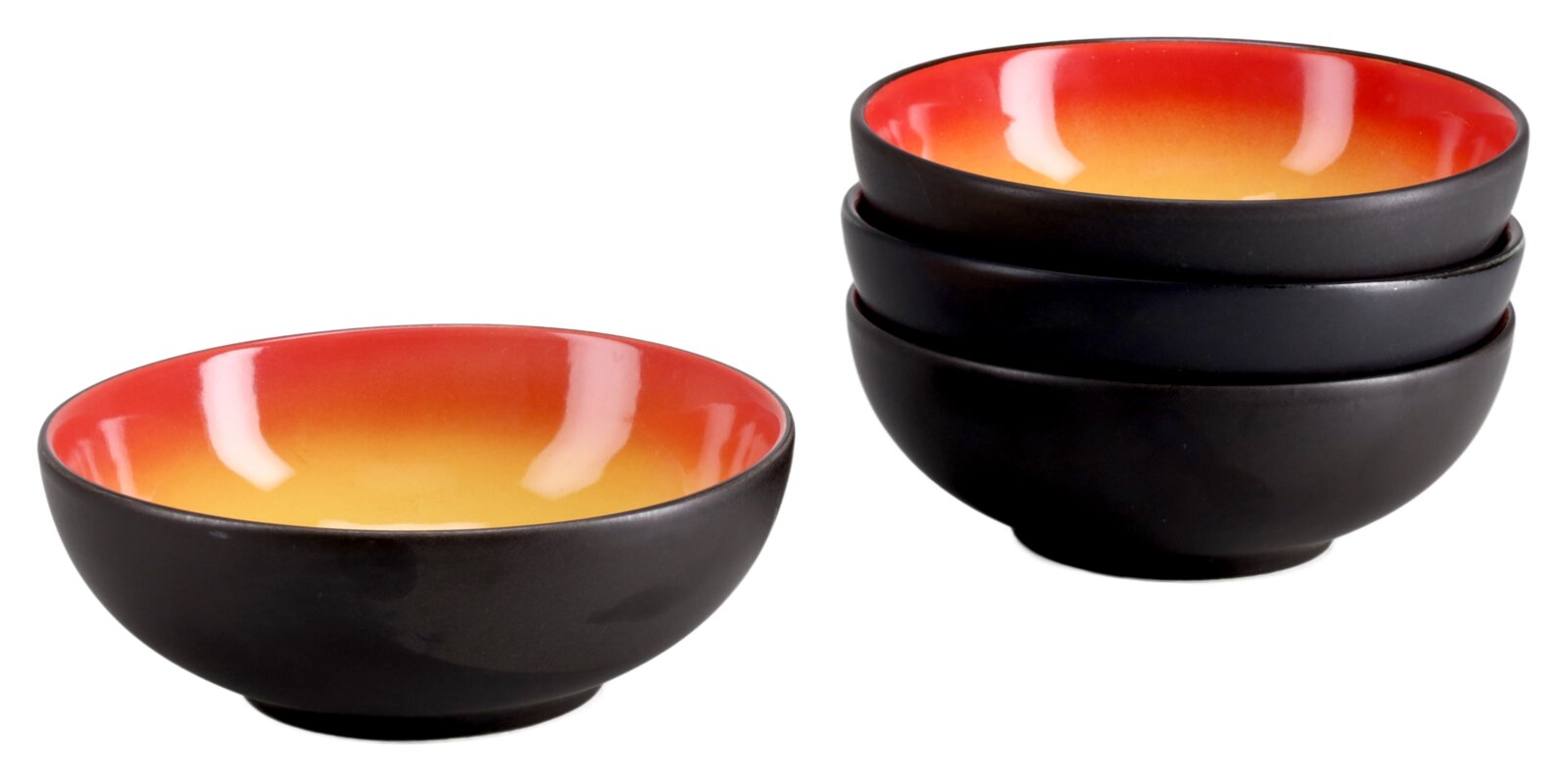 creaTable Smoothie Bowl 4-tlg. HOT RED Vier Schalen mit mattschwarzer Außenseite und glänzendem Farbverlauf von Rot zu Orange im Inneren, eine einzeln und drei gestapelt, aus leicht erhöhter Frontperspektive